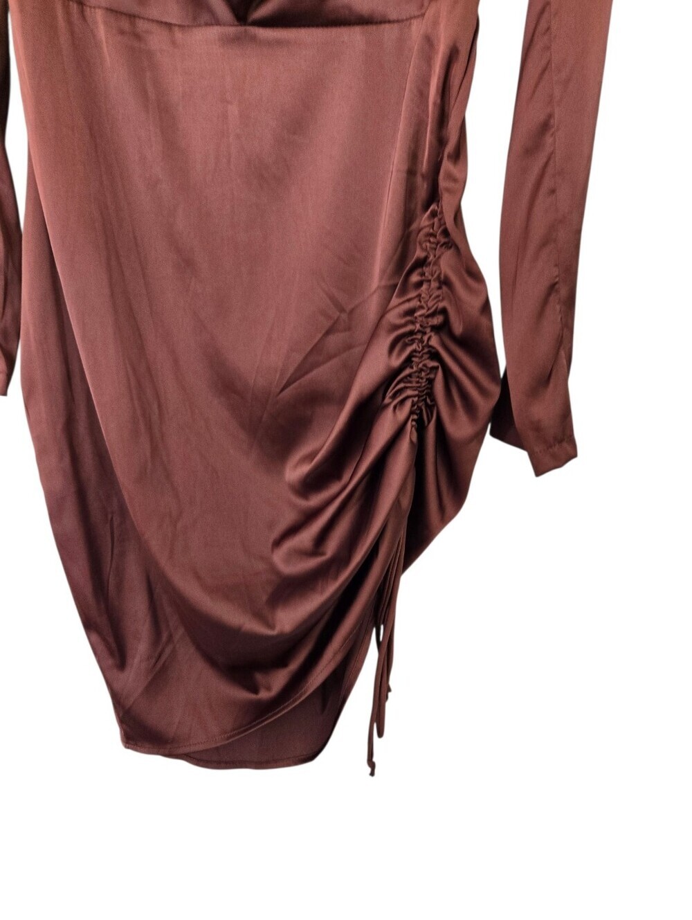 ✨ NWT Fashion Nova Spark The Passion Mini Dress - Chocolate Brown Ruched Satin B - Picture 3 of 7